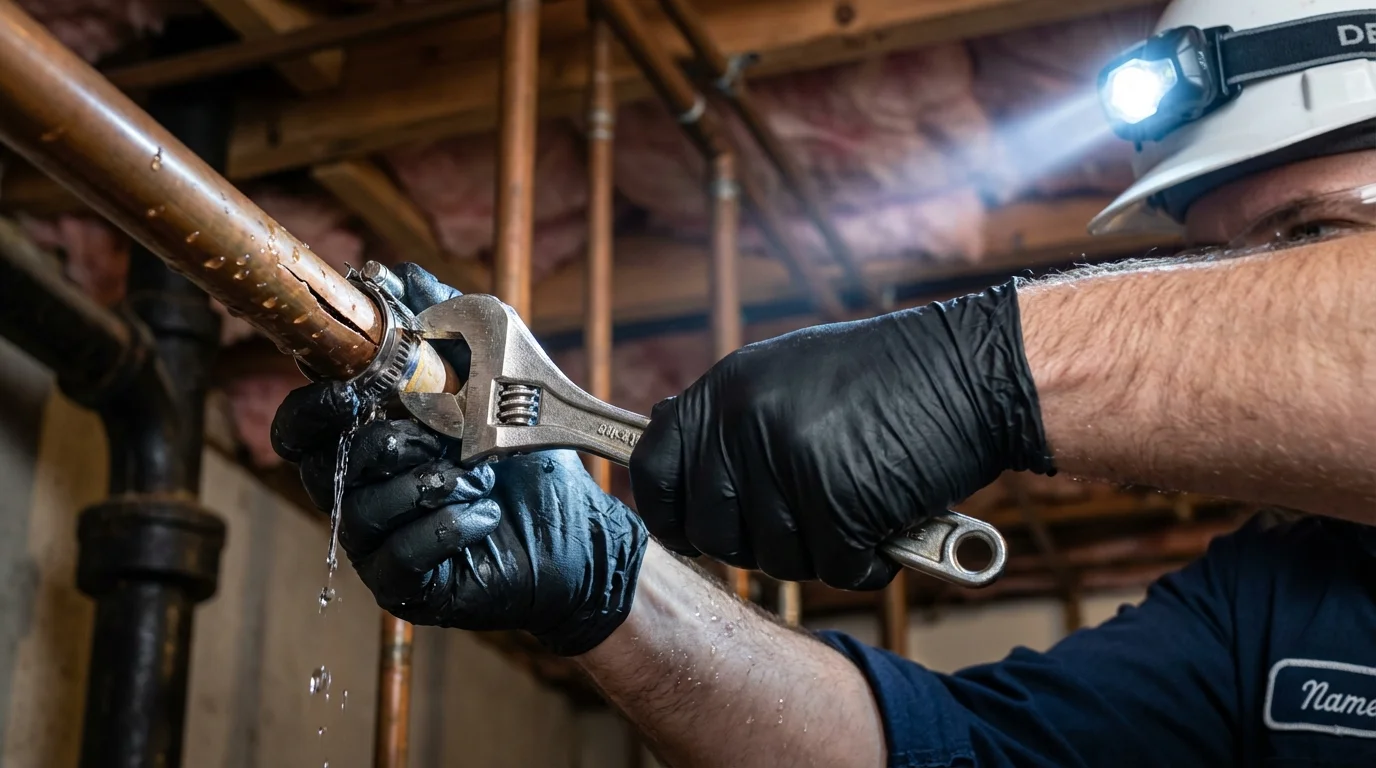 Emergency pipe clamp repair being performed by a Johns Plumbing LLC plumber in Leesburg