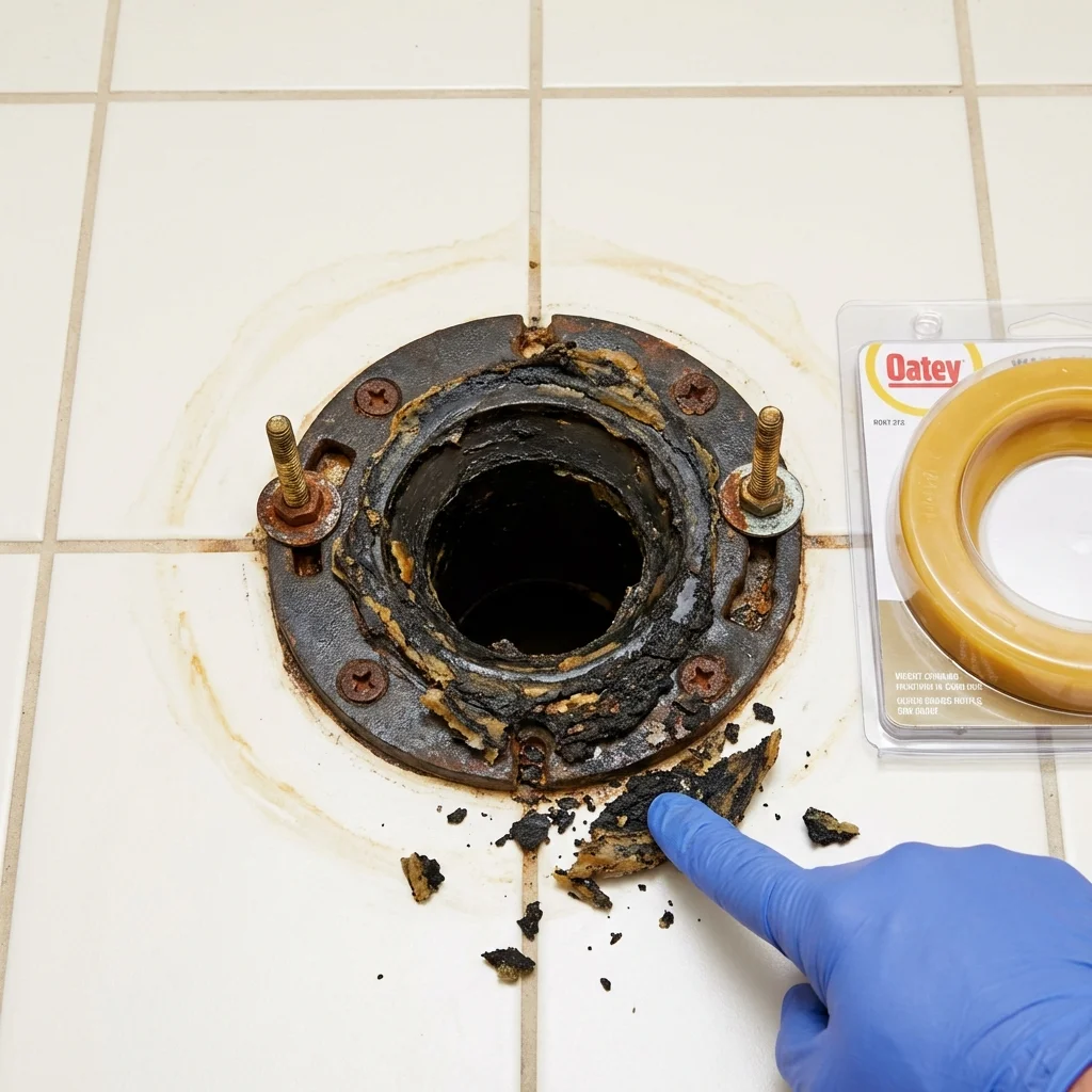 Failed wax ring showing water seepage at the base of a toilet in a Leesburg, GA home
