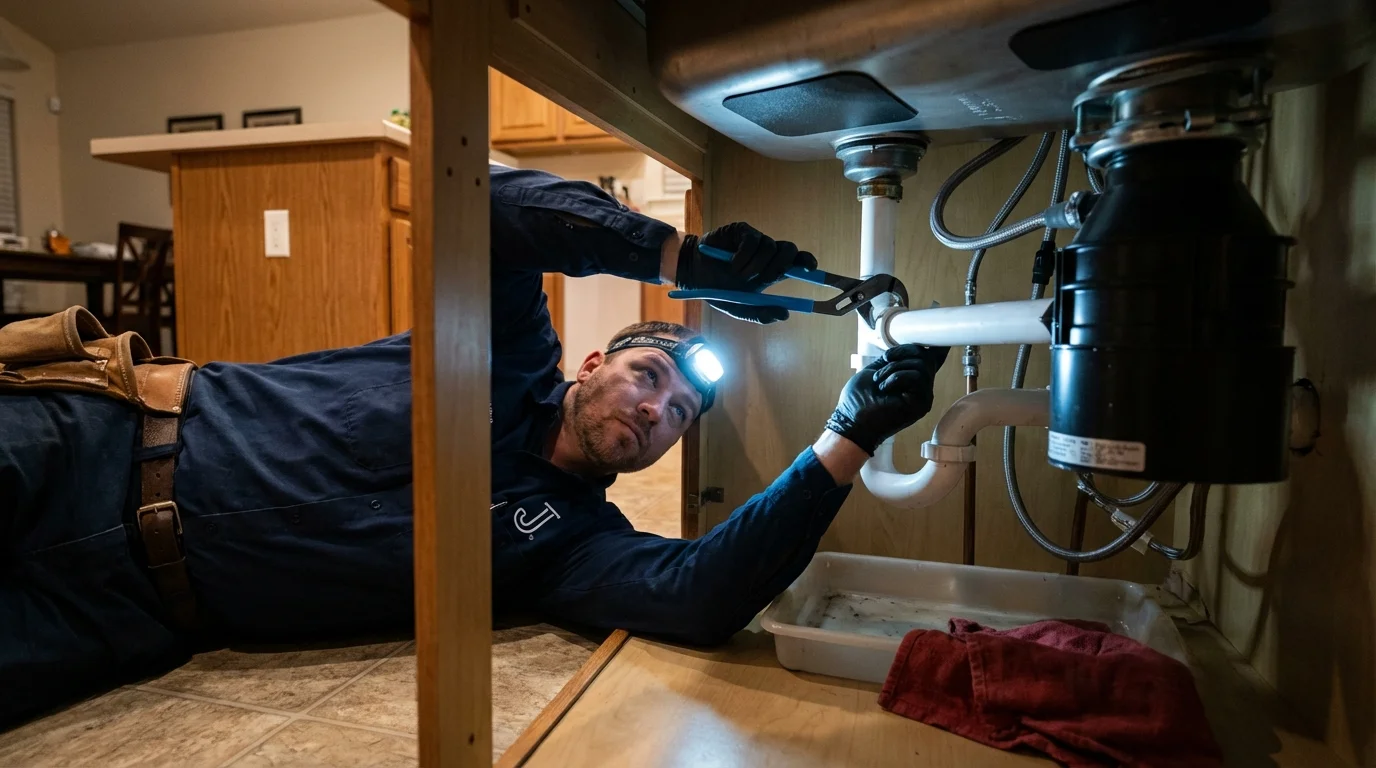 P-trap and supply line connections under a kitchen sink showing a common leak point in Leesburg, GA